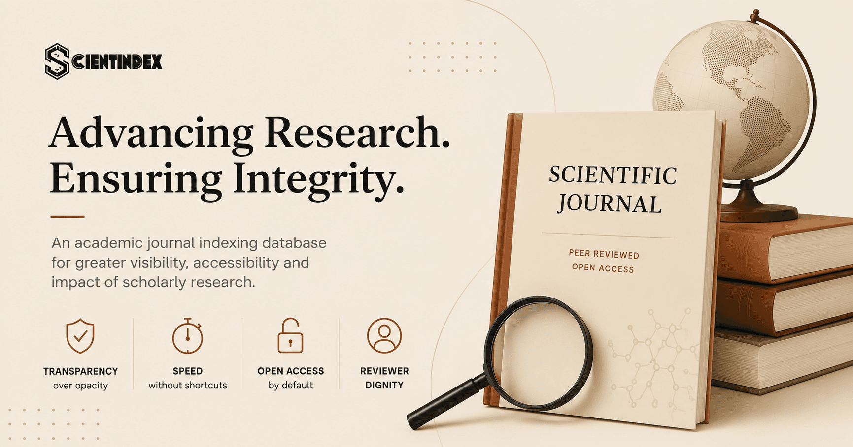 Scientindex academic journal indexing platform with research journals, books, and scholarly publishing concept